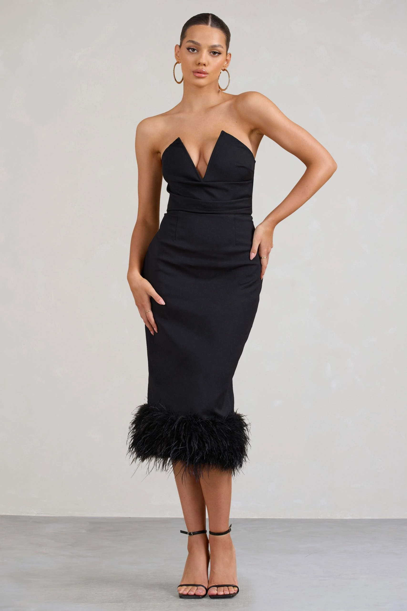 Kensington | Black Bodycon Midi Dress With Statement Feather Trim 3 Kensington | Black Bodycon Midi Dress With Statement Feather Trim