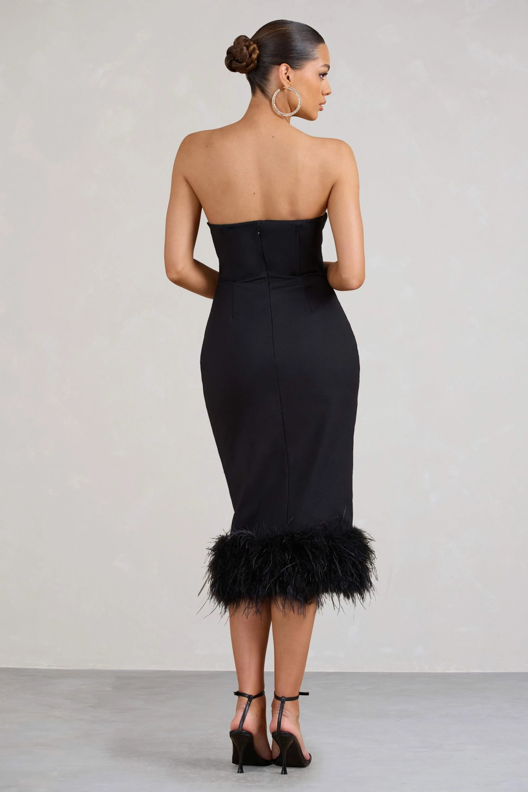 Kensington | Black Bodycon Midi Dress With Statement Feather Trim 4 Kensington | Black Bodycon Midi Dress With Statement Feather Trim - Image 2
