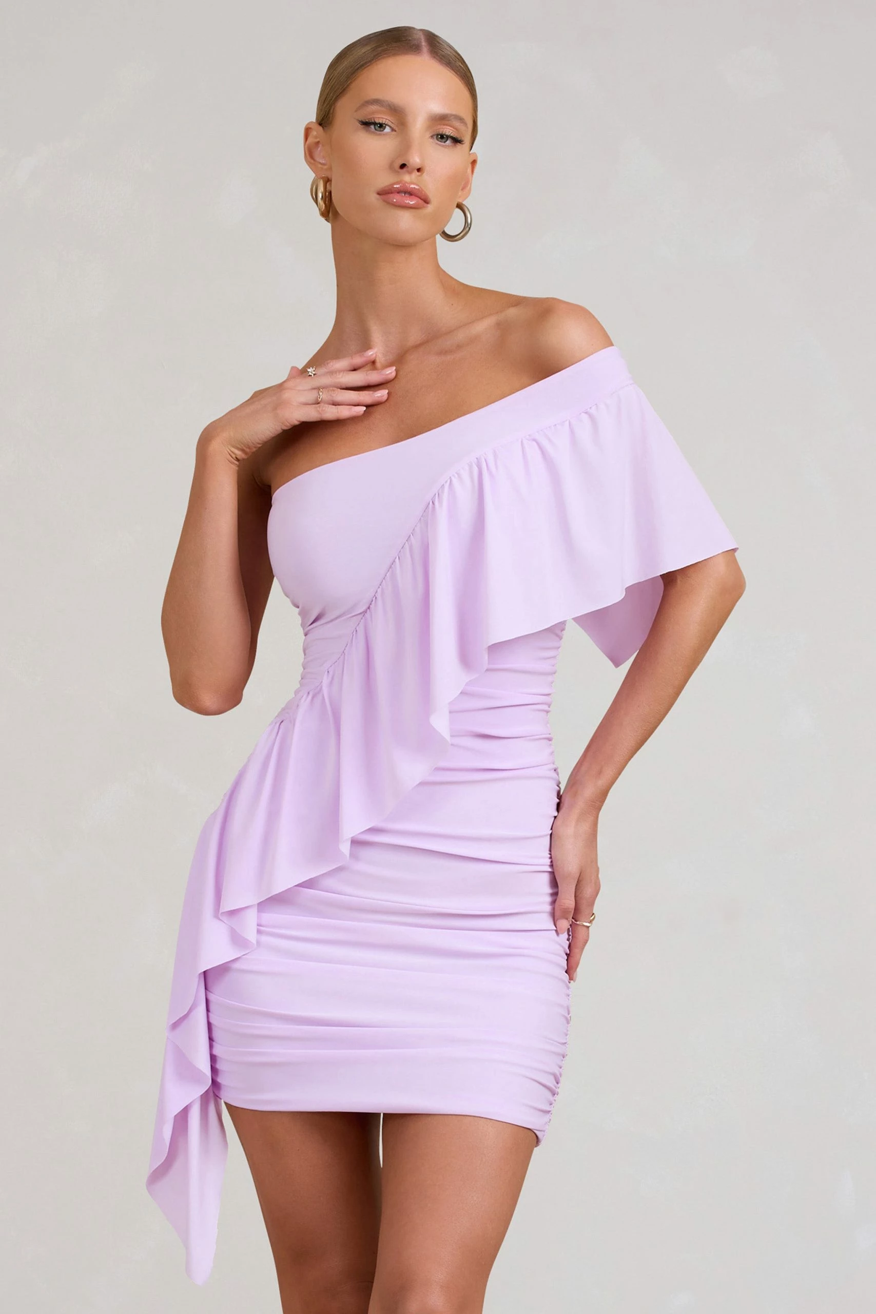 Parfait | Lilac Asymmetric Ruched Mini Dress With Statement Ruffles 3 Parfait | Lilac Asymmetric Ruched Mini Dress With Statement Ruffles