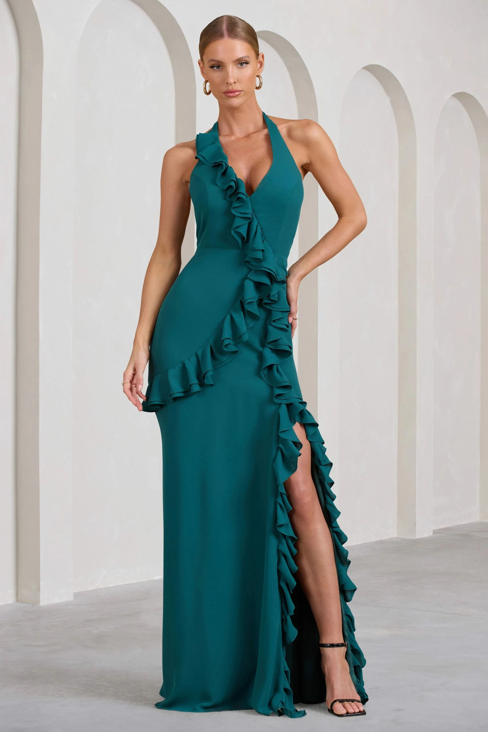 Morning | Bottle Green Ruffled Halter-Neck Split Maxi Dress 3 Morning | Bottle Green Ruffled Halter-Neck Split Maxi Dress