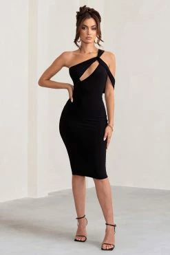 Ella | Black Asymmetric Neck Cut Out Midi Dress -Dress Shop WB BR CL129002 EllaBlackAsymmetricNeckCutOutMidiDress3