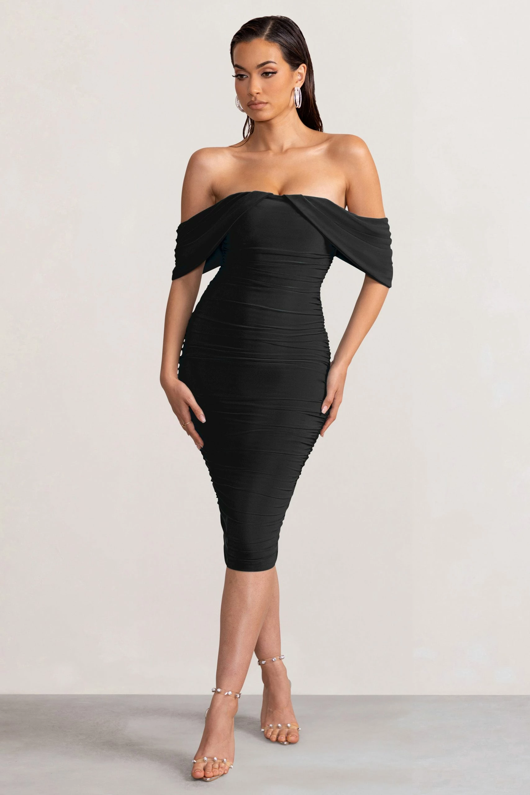 Love Me | Black Off The Shoulders Ruched Midi Dress 3 Love Me | Black Off The Shoulders Ruched Midi Dress