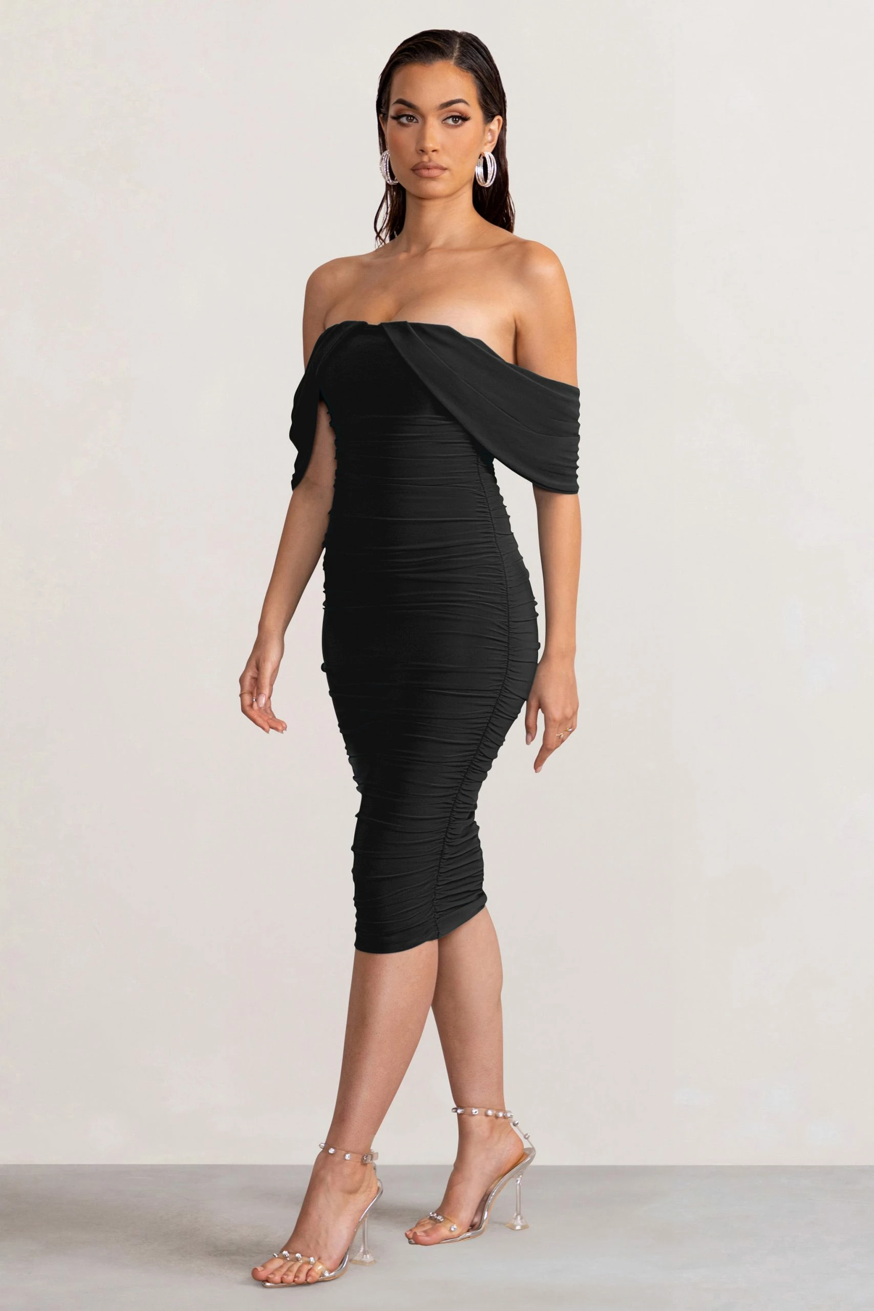 Love Me | Black Off The Shoulders Ruched Midi Dress 7 Love Me | Black Off The Shoulders Ruched Midi Dress - Image 5