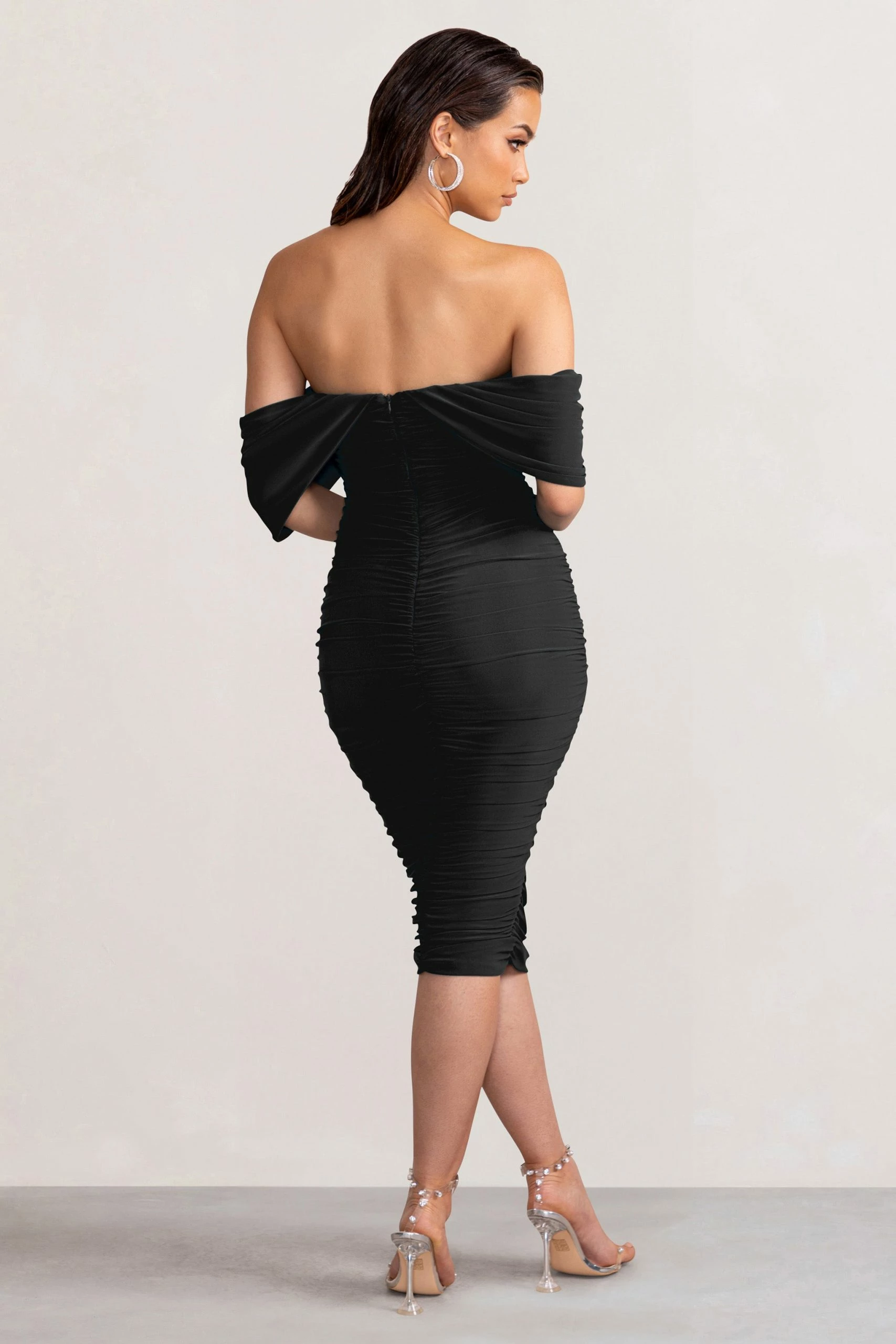 Love Me | Black Off The Shoulders Ruched Midi Dress 4 Love Me | Black Off The Shoulders Ruched Midi Dress - Image 2
