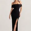 Anisa | Black Halter Neck Bardot Maxi Dress With Thigh Split -Dress Shop WB BR CL129055 AnisaBlackLayeredHalterNeckBardotMaxiDressWithThighSplit0