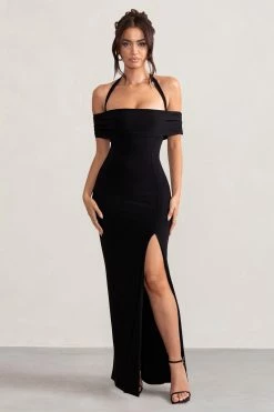 Anisa | Black Halter Neck Bardot Maxi Dress With Thigh Split -Dress Shop WB BR CL129055 AnisaBlackLayeredHalterNeckBardotMaxiDressWithThighSplit3