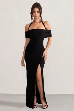 Anisa | Black Halter Neck Bardot Maxi Dress With Thigh Split -Dress Shop WB BR CL129055 AnisaBlackLayeredHalterNeckBardotMaxiDressWithThighSplit4