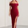 Anisa | Burgundy Halter Neck Bardot Maxi Dress With Thigh Split -Dress Shop WB BR CL129055 AnisaBurgundyLayeredHalterNeckBardotMaxiDressWithThighSplit0