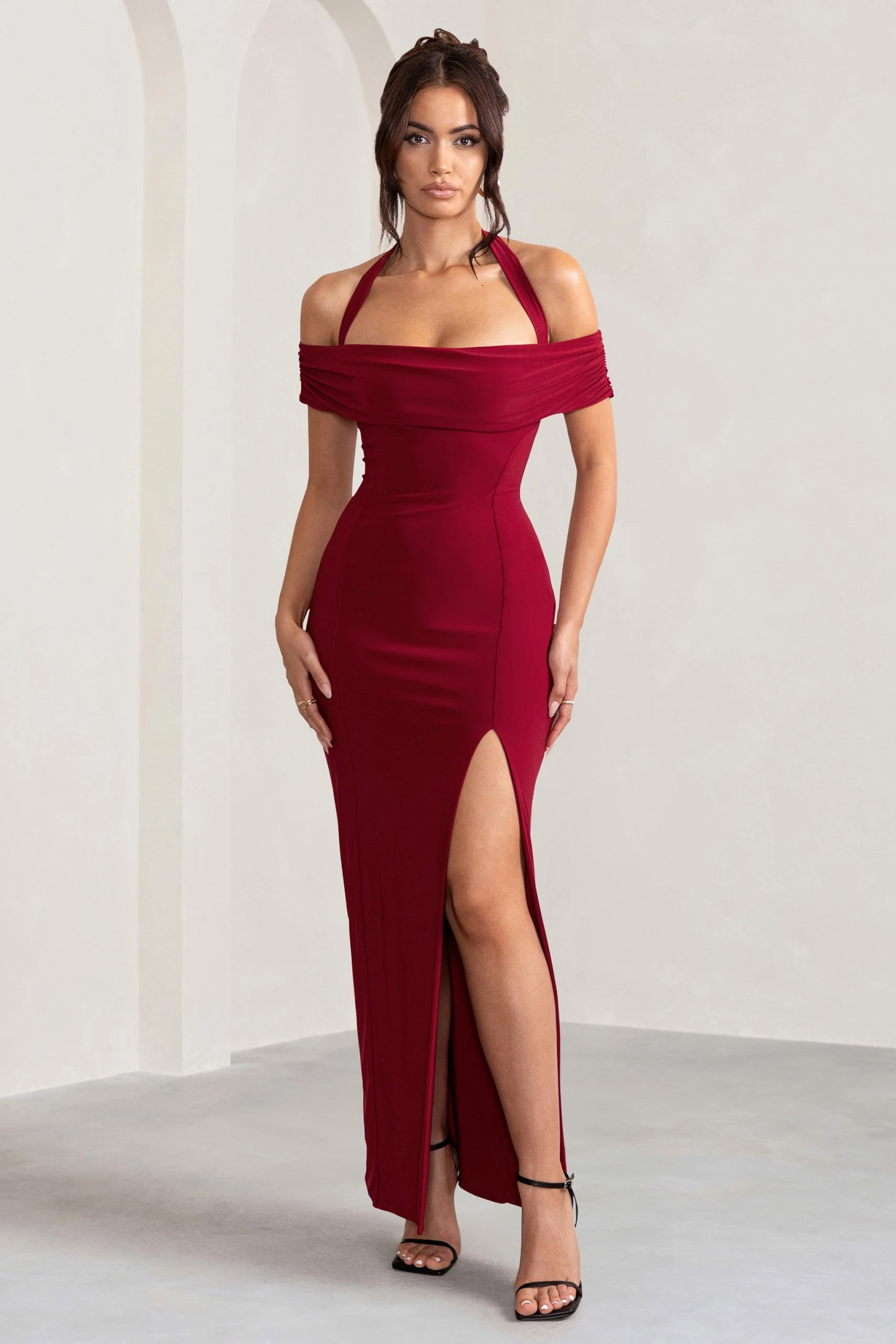 Anisa | Burgundy Halter Neck Bardot Maxi Dress With Thigh Split 6 Anisa | Burgundy Halter Neck Bardot Maxi Dress With Thigh Split - Image 4