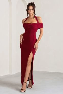 Anisa | Burgundy Halter Neck Bardot Maxi Dress With Thigh Split 8 Anisa | Burgundy Halter Neck Bardot Maxi Dress With Thigh Split -Dress Shop WB BR CL129055 AnisaBurgundyLayeredHalterNeckBardotMaxiDressWithThighSplit2
