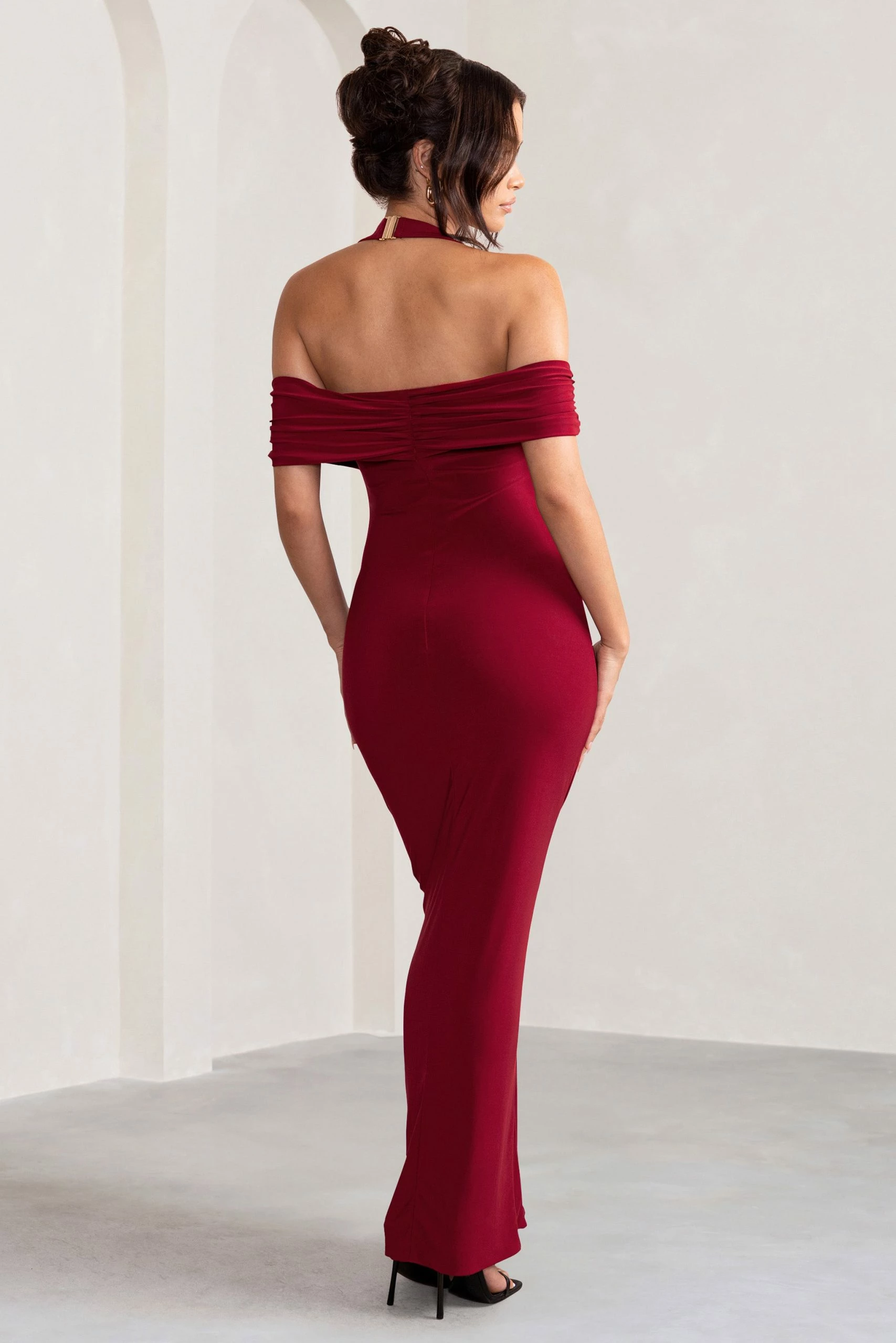 Anisa | Burgundy Halter Neck Bardot Maxi Dress With Thigh Split 4 Anisa | Burgundy Halter Neck Bardot Maxi Dress With Thigh Split - Image 2