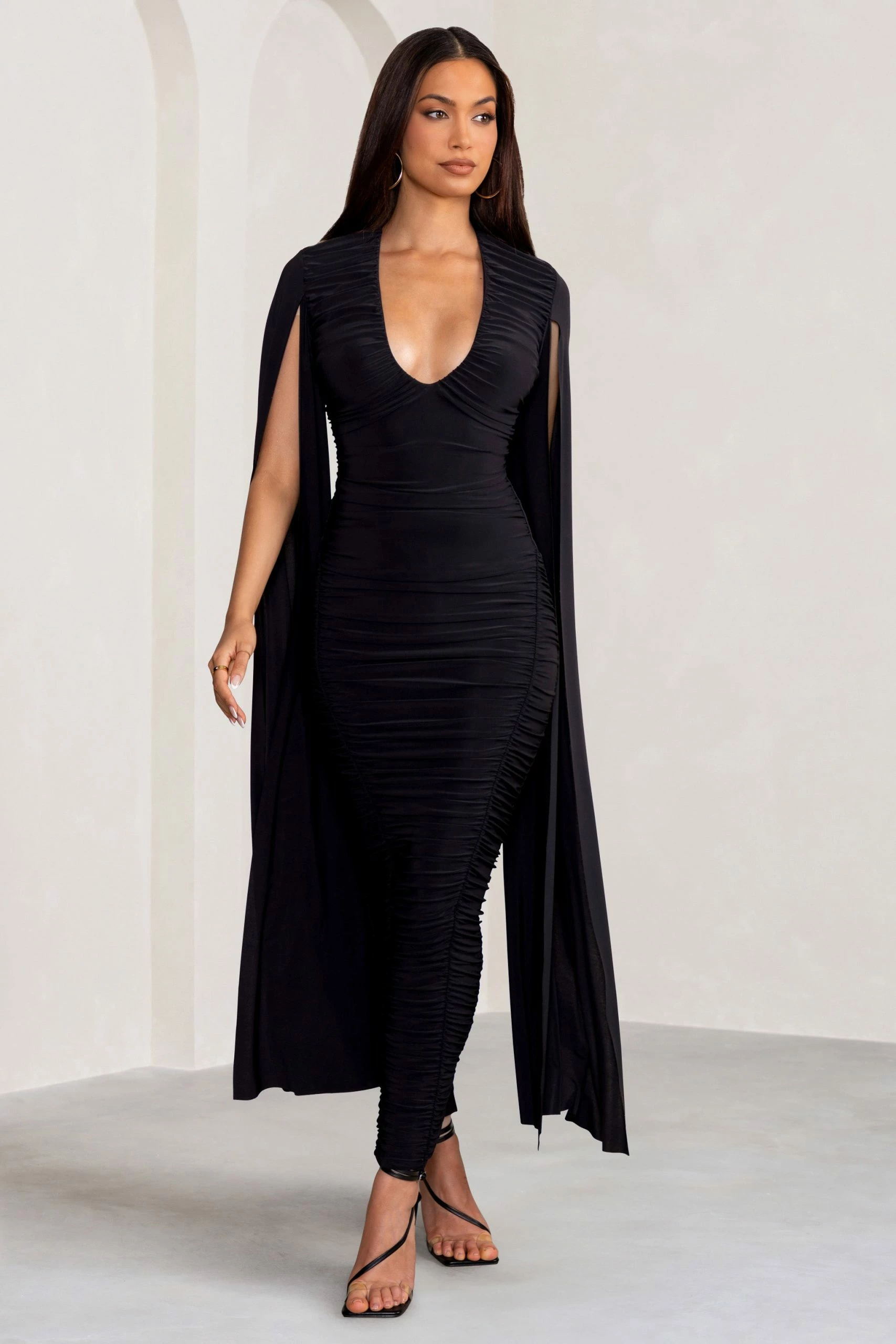 Georgiana | Black Plunge Ruched Maxi Dress With Cape Sleeves 7 Georgiana | Black Plunge Ruched Maxi Dress With Cape Sleeves - Image 5