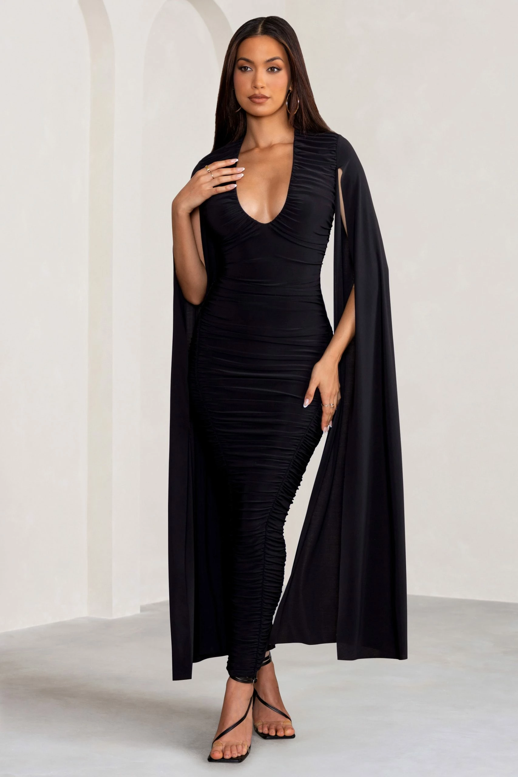 Georgiana | Black Plunge Ruched Maxi Dress With Cape Sleeves 3 Georgiana | Black Plunge Ruched Maxi Dress With Cape Sleeves