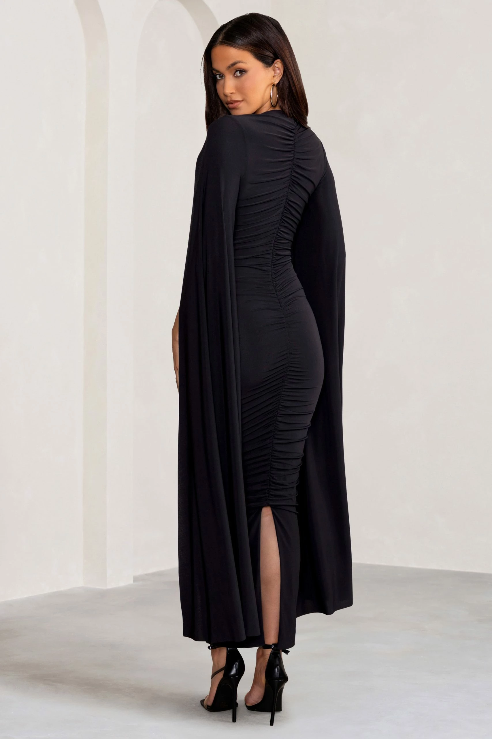 Georgiana | Black Plunge Ruched Maxi Dress With Cape Sleeves 4 Georgiana | Black Plunge Ruched Maxi Dress With Cape Sleeves - Image 2