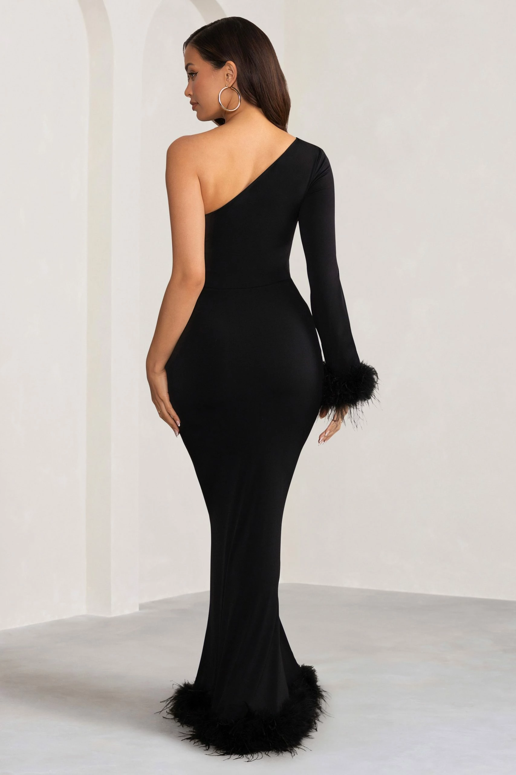Martha | Black One Sleeve Maxi Dress With Feather Cuff And Hemline 4 Martha | Black One Sleeve Maxi Dress With Feather Cuff And Hemline - Image 2