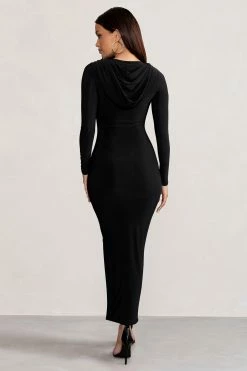 Milania | Black Long Sleeve Maxi Dress With Hood -Dress Shop WB BR CL129246 MilaniaBlackLongSleeveMaxiDresswithHood6