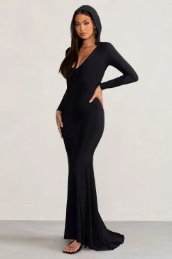 Adore | Black Long Sleeve Plunge Maxi Dress With Hood 11 Adore | Black Long Sleeve Plunge Maxi Dress With Hood -Dress Shop WB BR CL129247 AdoreBlackLongSleevePlungeMaxiDresswithHood7