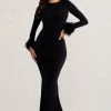 Betty | Black High Neck Long Sleeve Maxi Dress With Feather Cuffs 2 Betty | Black High Neck Long Sleeve Maxi Dress With Feather Cuffs -Dress Shop WB BR CL129250 BettyBlackHighNeckLongSleeveMaxiDresswithFeatherCuffs1