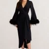 Jenna | Black Plunge Midi Dress With Feather Trim Wide Sleeves And Front Tie Drape -Dress Shop WB BR CL129255 JennaBlackPlungeMidiDresswithFeatherTrimWideSleevesandFrontTieDrape0