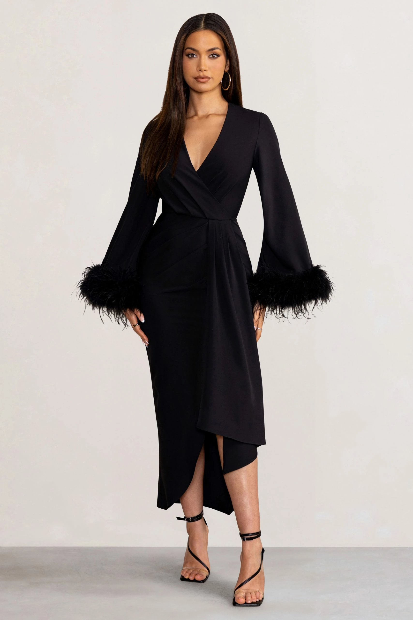 Jenna | Black Plunge Midi Dress With Feather Trim Wide Sleeves And Front Tie Drape 3 Jenna | Black Plunge Midi Dress With Feather Trim Wide Sleeves And Front Tie Drape