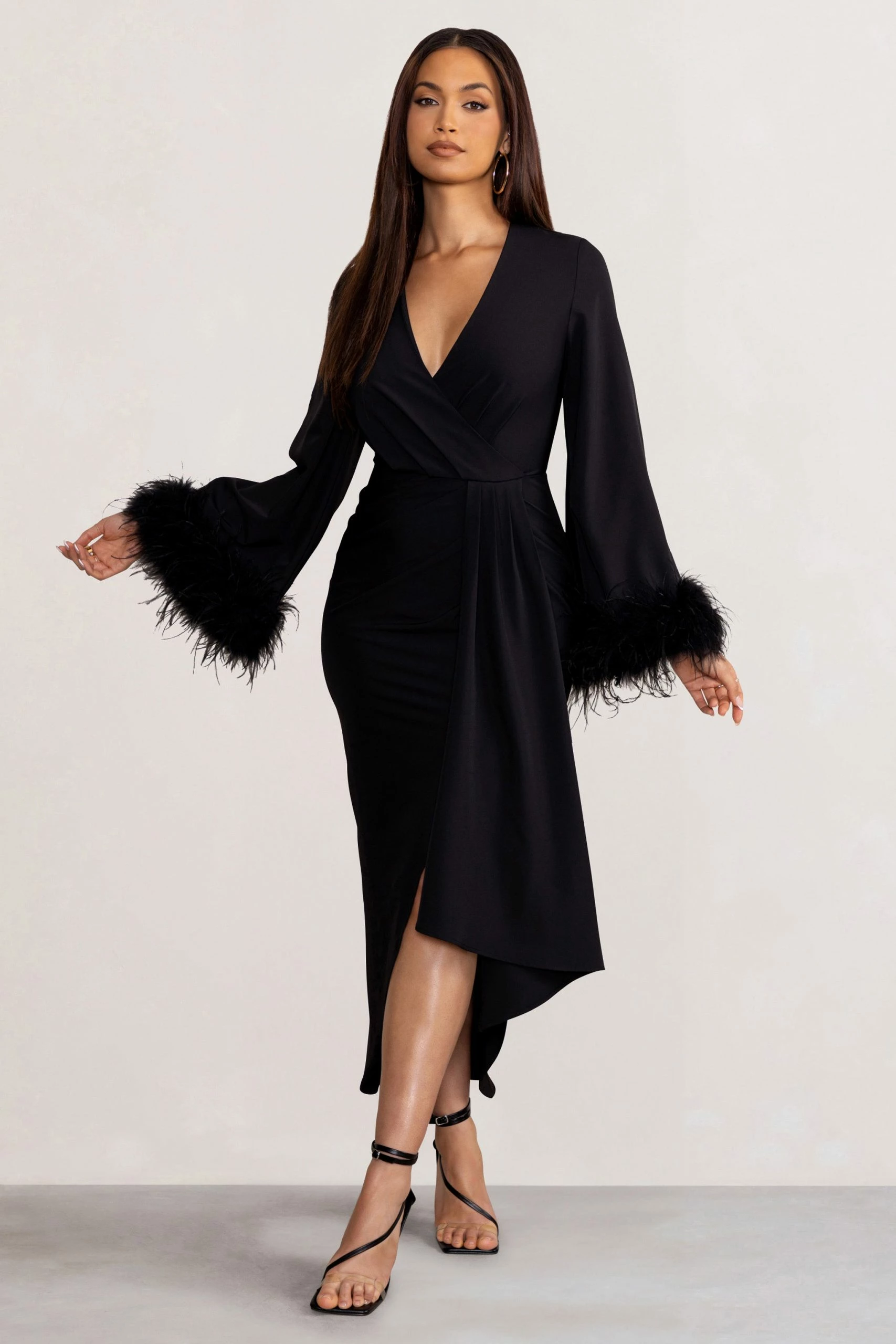 Jenna | Black Plunge Midi Dress With Feather Trim Wide Sleeves And Front Tie Drape 6 Jenna | Black Plunge Midi Dress With Feather Trim Wide Sleeves And Front Tie Drape - Image 4