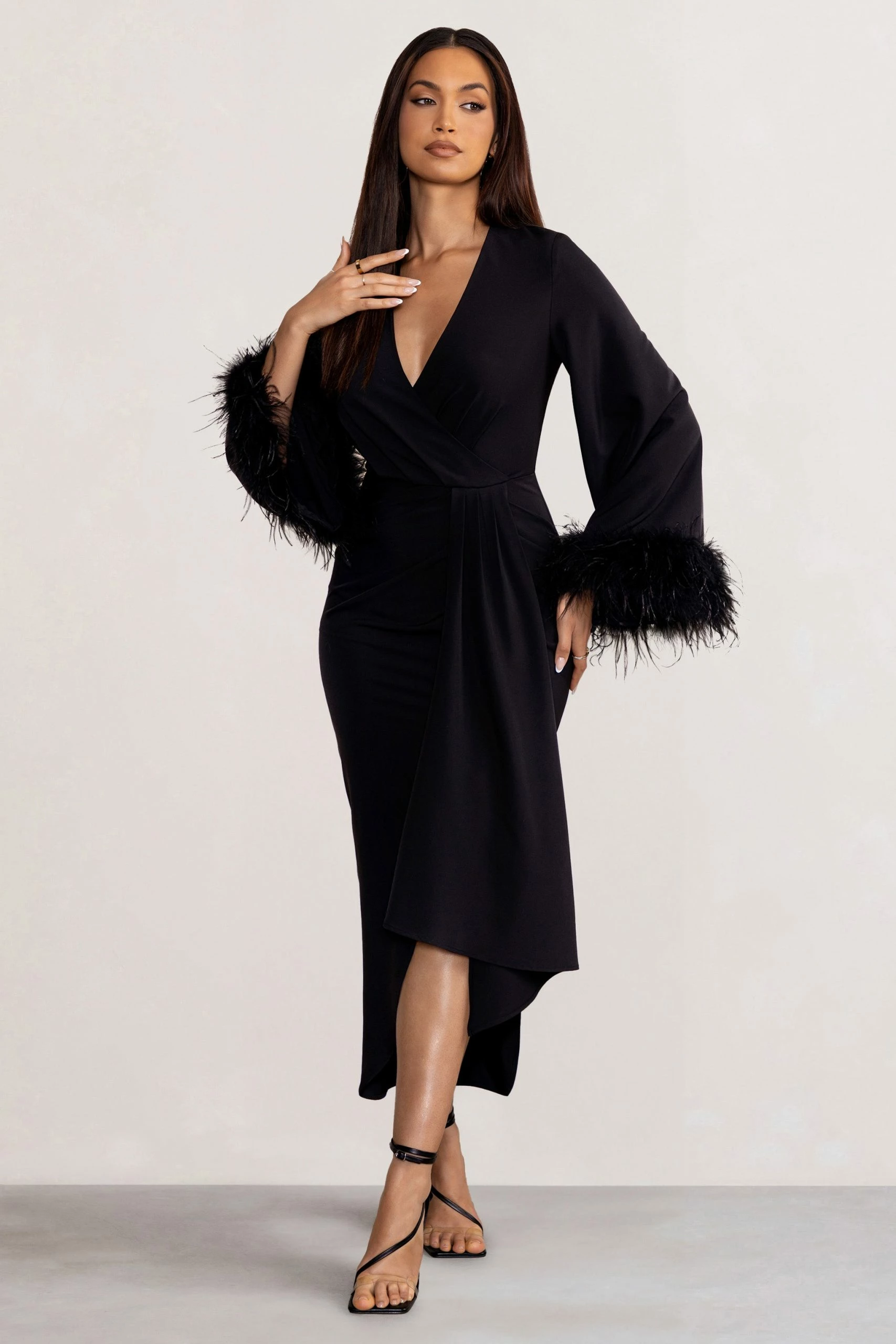 Jenna | Black Plunge Midi Dress With Feather Trim Wide Sleeves And Front Tie Drape 7 Jenna | Black Plunge Midi Dress With Feather Trim Wide Sleeves And Front Tie Drape - Image 5