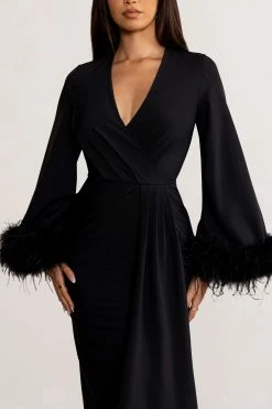 Jenna | Black Plunge Midi Dress With Feather Trim Wide Sleeves And Front Tie Drape 9 Jenna | Black Plunge Midi Dress With Feather Trim Wide Sleeves And Front Tie Drape -Dress Shop WB BR CL129255 JennaBlackPlungeMidiDresswithFeatherTrimWideSleevesandFrontTieDrape5