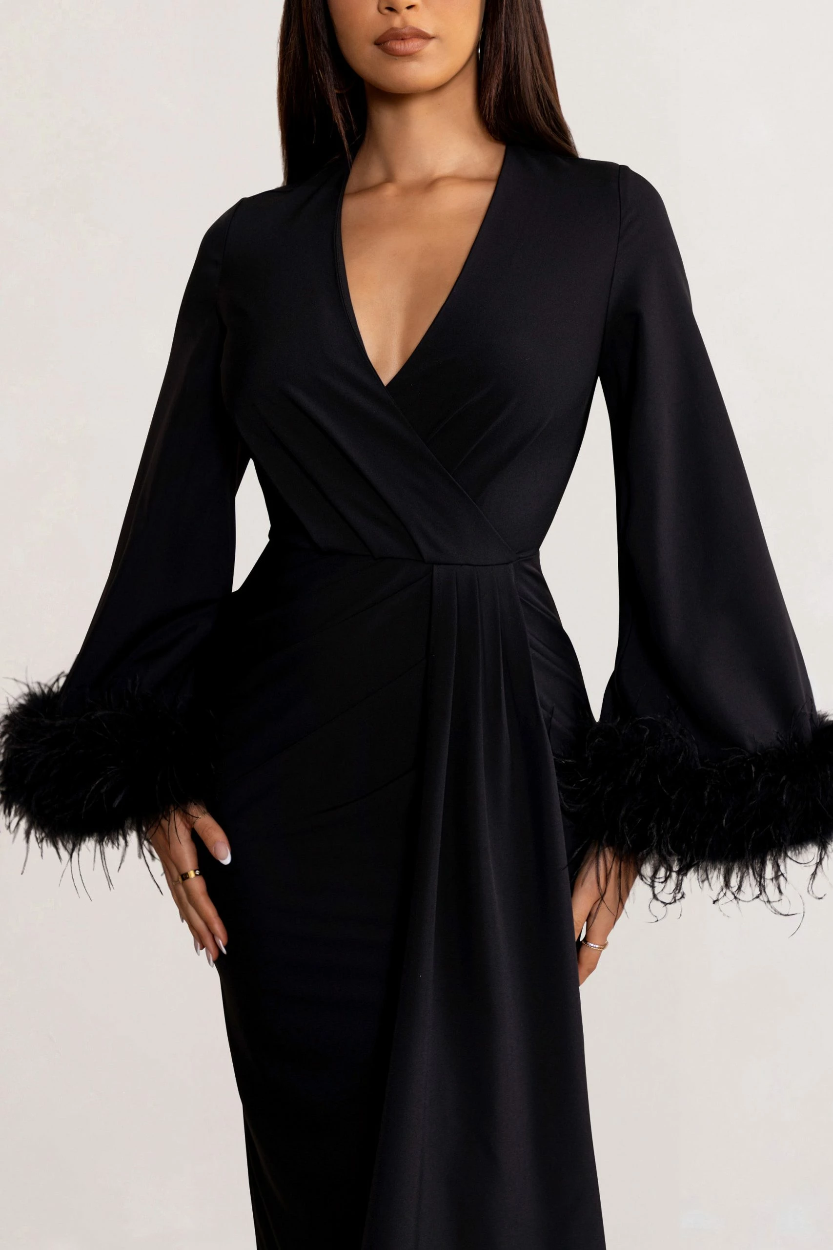 Jenna | Black Plunge Midi Dress With Feather Trim Wide Sleeves And Front Tie Drape 5 Jenna | Black Plunge Midi Dress With Feather Trim Wide Sleeves And Front Tie Drape - Image 3