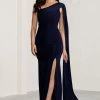 Alexia | Navy One-Shoulder Maxi Dress With Cape Sleeve And Thigh Split 1 Alexia | Navy One-Shoulder Maxi Dress With Cape Sleeve And Thigh Split -Dress Shop WB BR CL129270 AlexiaNavyOne ShoulderMaxiDresswithCapeSleeveandThighSplit0
