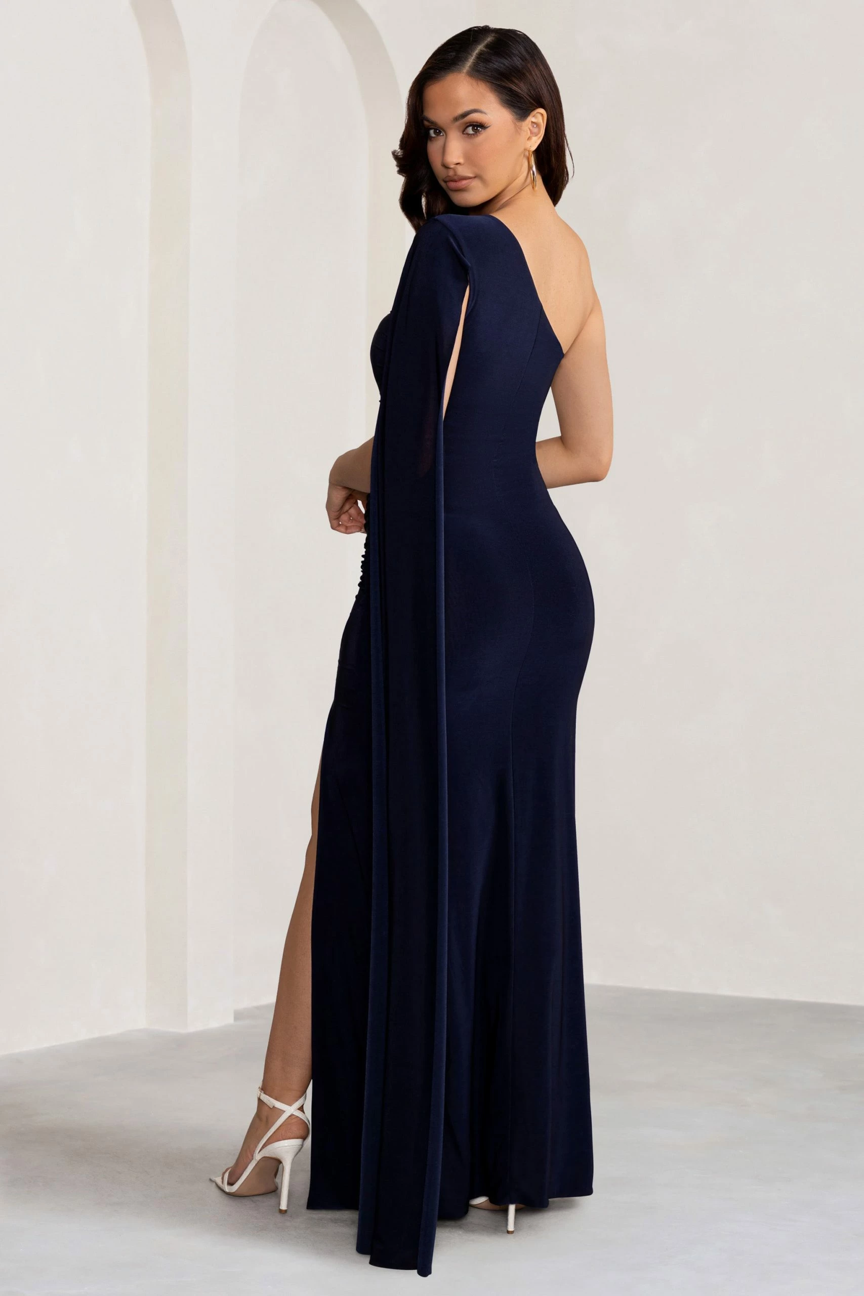 Alexia | Navy One-Shoulder Maxi Dress With Cape Sleeve And Thigh Split 4 Alexia | Navy One-Shoulder Maxi Dress With Cape Sleeve And Thigh Split - Image 2