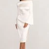 Zaina | White Long Sleeve Midi Dress With High Neckline