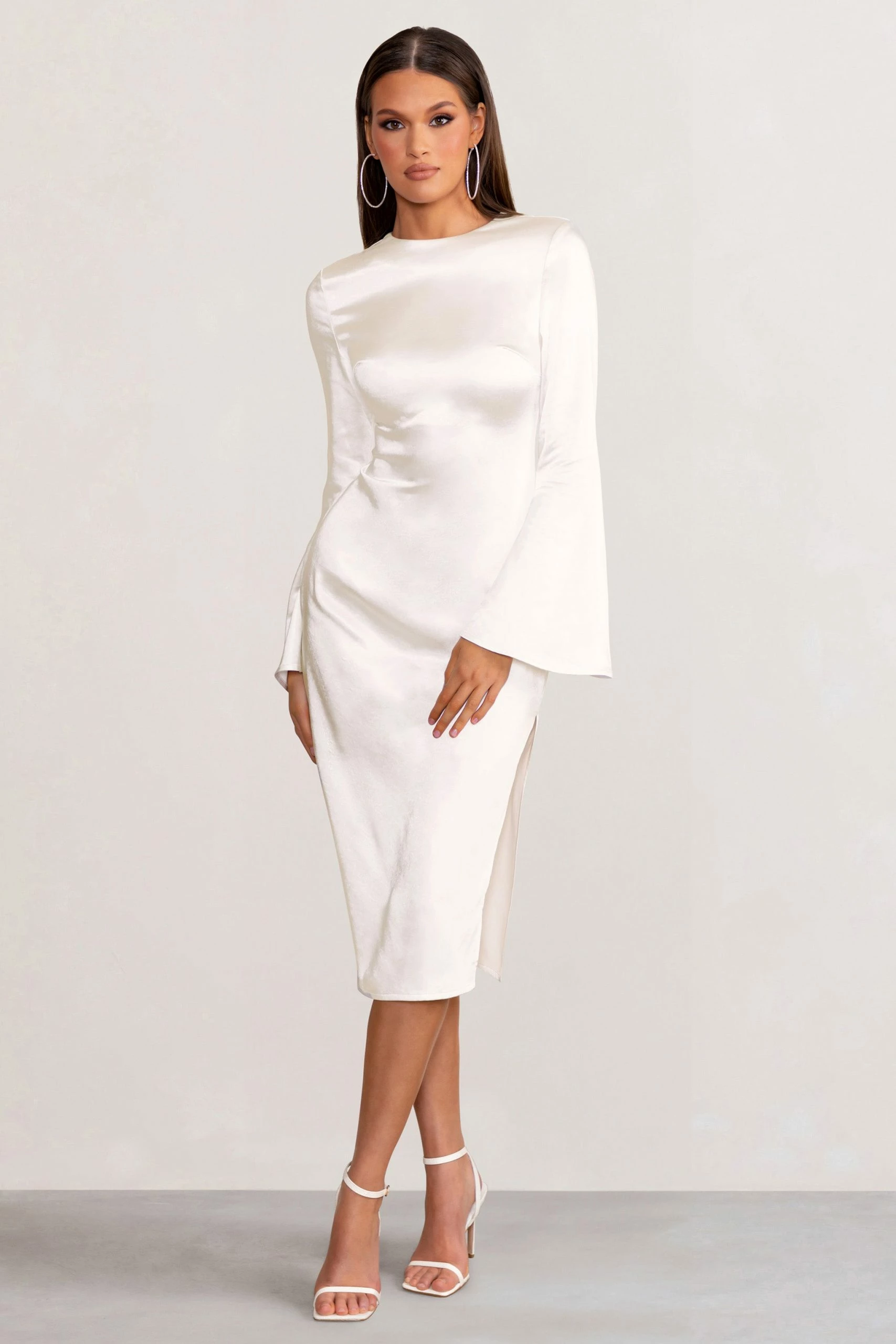 Zaina | White Long Sleeve Midi Dress With High Neckline 3 Zaina | White Long Sleeve Midi Dress With High Neckline