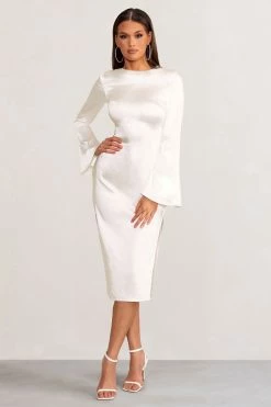 Zaina | White Long Sleeve Midi Dress With High Neckline 10 Zaina | White Long Sleeve Midi Dress With High Neckline -Dress Shop WB BR CL129273 ZainaWhiteLongSleeveMaxiDresswithHighNeckline2