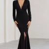 Demure | Black Ruched Long-Sleeved Split Fishtail Maxi Dress -Dress Shop WB BR CL129348002 DemureBlackRuchedLong SleevedSplitFishtailMaxiDress0