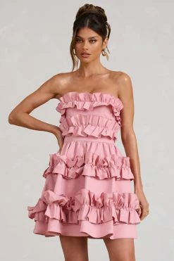Rosette | Blush Ruffled Bandeau Mini Dress -Dress Shop WB BR CL129350081 RosetteBlushPinkRuffledBandeauMiniDress0