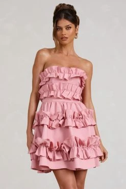Rosette | Blush Ruffled Bandeau Mini Dress -Dress Shop WB BR CL129350081 RosetteBlushPinkRuffledBandeauMiniDress3