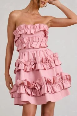 Rosette | Blush Ruffled Bandeau Mini Dress -Dress Shop WB BR CL129350081 RosetteBlushPinkRuffledBandeauMiniDress4