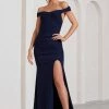 Harmony | Navy Ruched Bardot Split Fishtail Maxi Dress 1 Harmony | Navy Ruched Bardot Split Fishtail Maxi Dress -Dress Shop WB BR CL129352015 Harmony NavyRuchedBardotSplitFishtailMaxiDress3