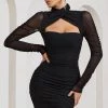 Bouquet Toss | Black Ruched Mesh Long-Sleeved Mini Dress -Dress Shop WB BR CL129353002 Bouquet BlackRuchedMeshLong SleevedMiniDress2