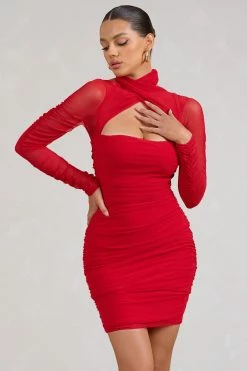 Bouquet Toss | Red Ruched Mesh Long-Sleeved Mini Dress -Dress Shop WB BR CL129353004 BouquetRedRuchedMeshLong SleevedMiniDress2
