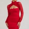 Bouquet Toss | Red Ruched Mesh Long-Sleeved Mini Dress 1 Bouquet Toss | Red Ruched Mesh Long-Sleeved Mini Dress -Dress Shop WB BR CL129353004 BouquetRedRuchedMeshLong SleevedMiniDress4