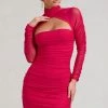 Bouquet Toss | Hot Pink Ruched Mesh Long-Sleeved Mini Dress -Dress Shop WB BR CL129353073 Bouquet HotPinkRuchedMeshLong SleevedMiniDress2