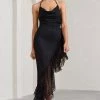 Ladyship | Black Lace Asymmetric Ruffled Maxi Dress