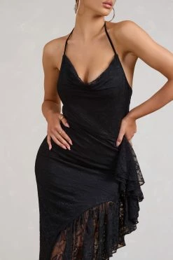 Ladyship | Black Lace Asymmetric Ruffled Maxi Dress -Dress Shop WB BR CL129360002 Ladyship BlackLaceAsymmetricRuffledMaxiDress5