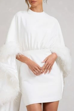 Of The Manor | White Gathered Mini Dress With Feather Cape 8 Of The Manor | White Gathered Mini Dress With Feather Cape -Dress Shop WB BR CL129361005 OfTheManorWhiteGatheredMiniDressWithFeatherCape3