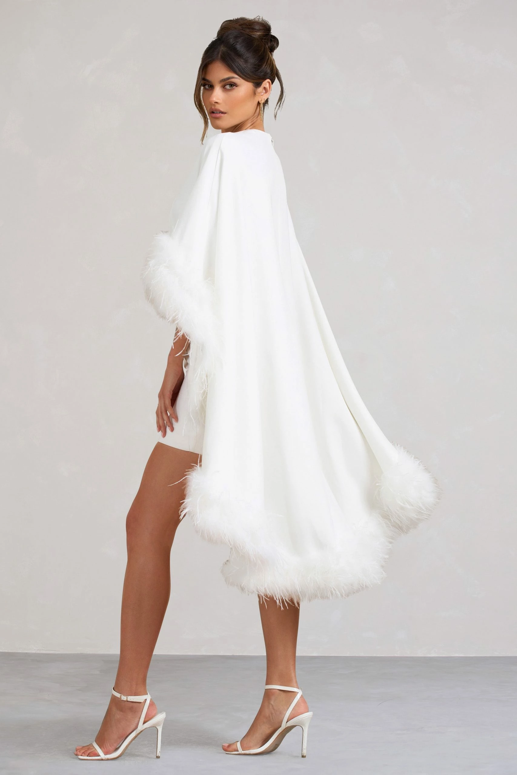 Of The Manor | White Gathered Mini Dress With Feather Cape 4 Of The Manor | White Gathered Mini Dress With Feather Cape - Image 2