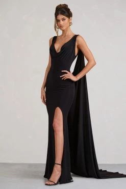 Dress Shop 12 A Toast | Black Split Maxi Dress With Draped Cape