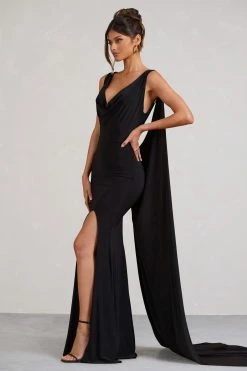 A Toast | Black Split Maxi Dress With Draped Cape -Dress Shop WB BR CL129376002 AToastBlackSplitMaxiDressWithDrapedCape4