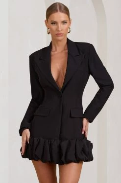 Cloud Catching | Black Tailored Blazer Mini Dress With Ruffled Hem -Dress Shop WB BR CL129387002 CloudCatchingBlackTailoredBlazerDressWithRuffledHem2