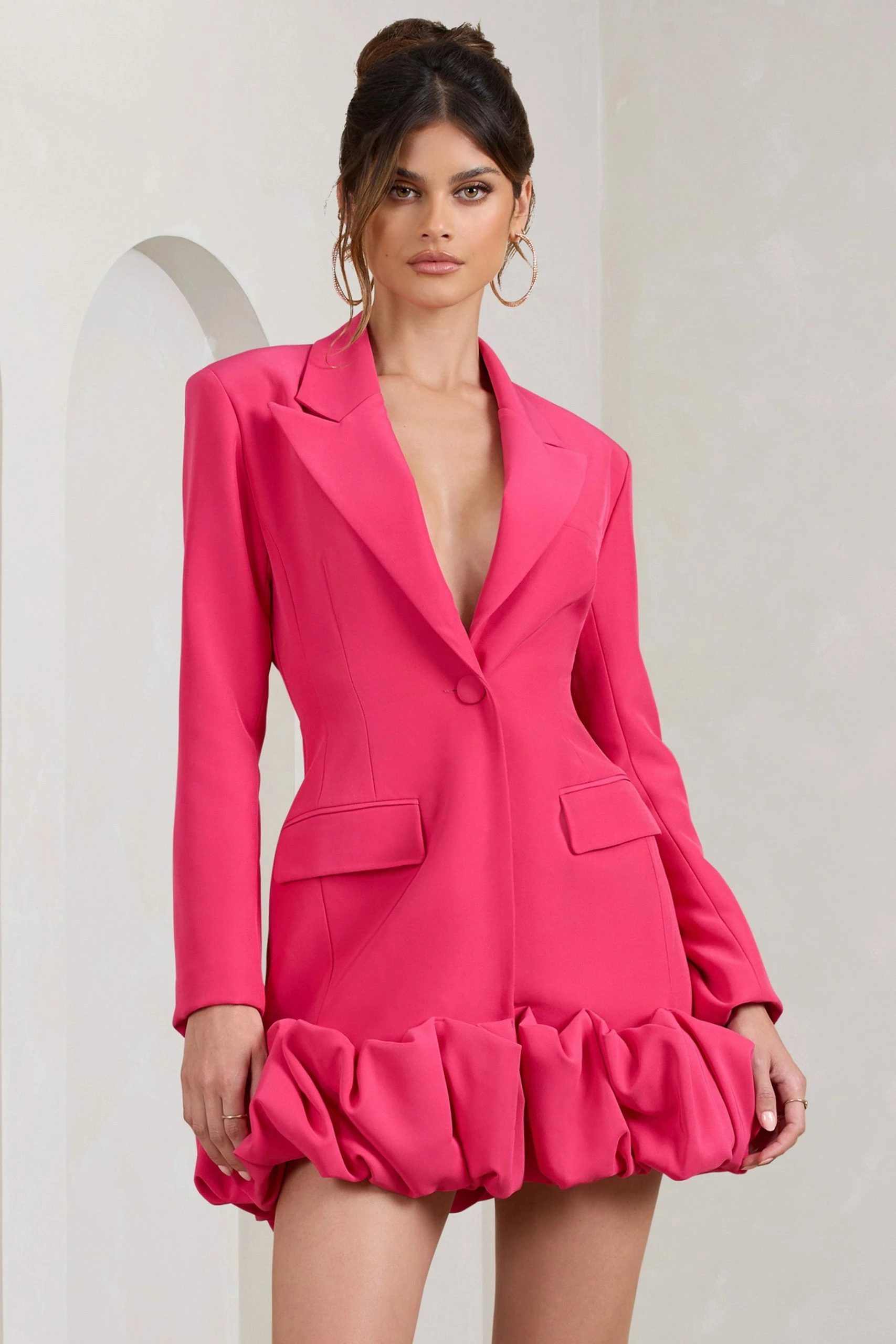 Cloud Catching | Hot Pink Tailored Blazer Mini Dress With Ruffled Hem 3 Cloud Catching | Hot Pink Tailored Blazer Mini Dress With Ruffled Hem